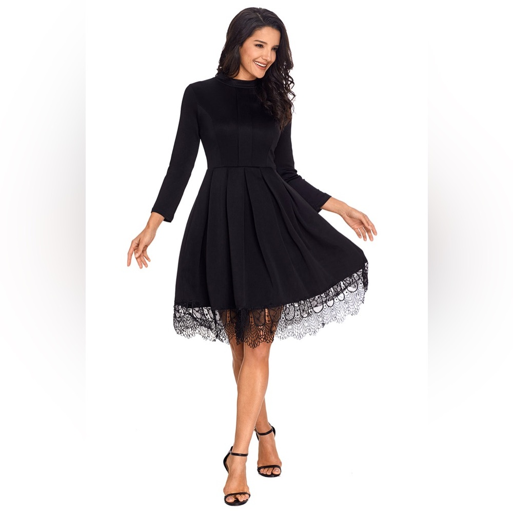 Black Fit and Flare Lace Hem Dress Size Small